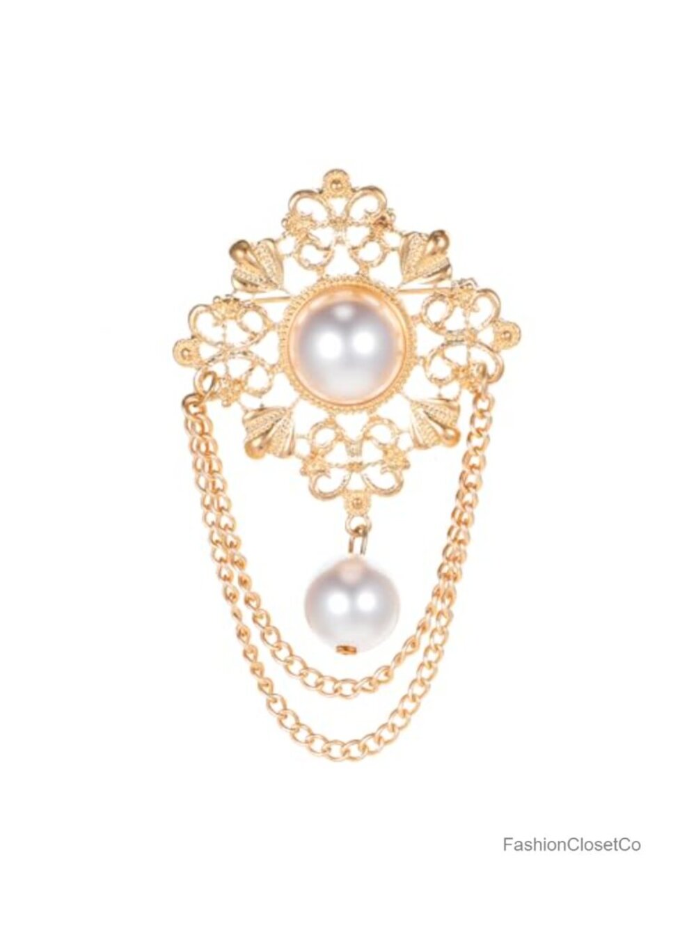 Gold hollow filigree flower brooch with pearl tassel chain pin